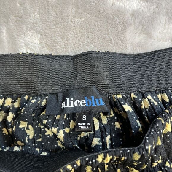 Alice Blue Accordion Pleat Midi Skirt Size S Black Butter Yellow Floral Belt - Picture 3 of 13